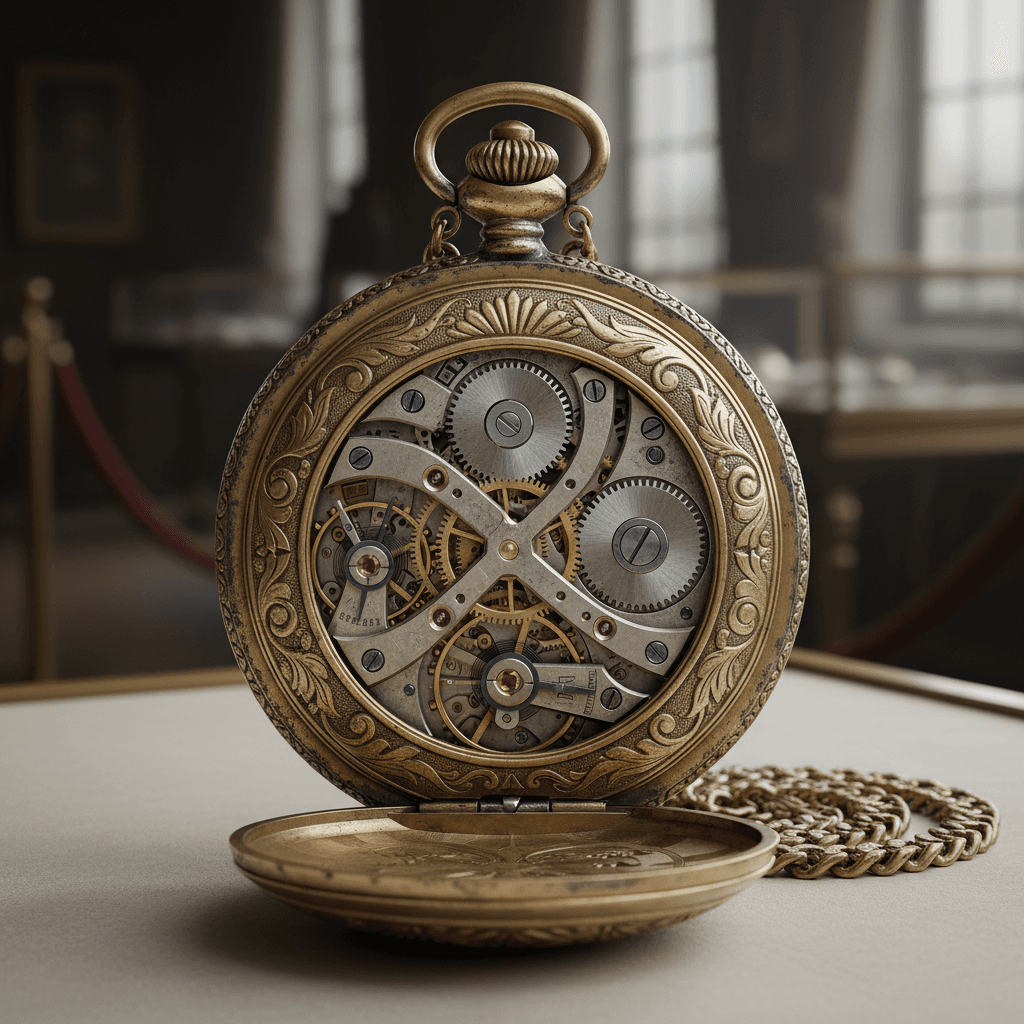 Vintage pocket watch with intricate mechanical details, centrally framed