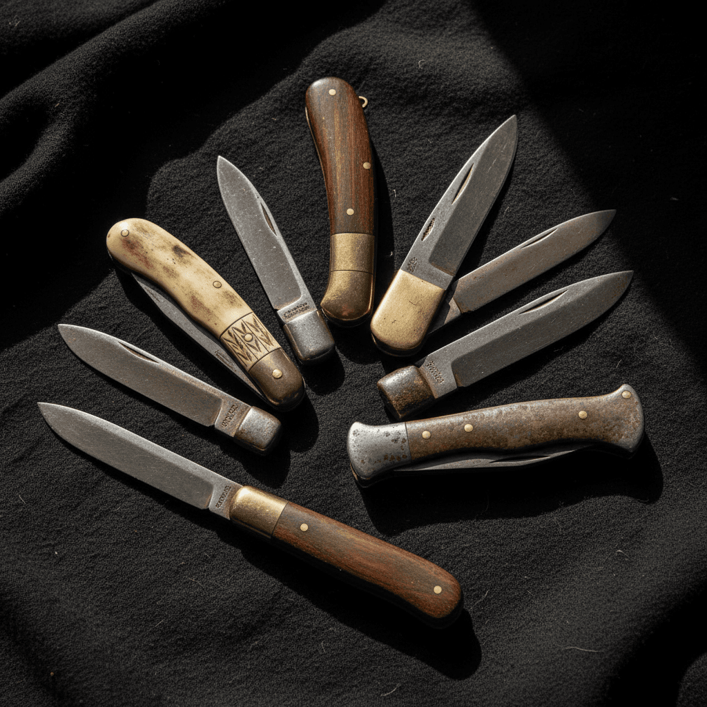 Vintage pocket knife collection with varied handles