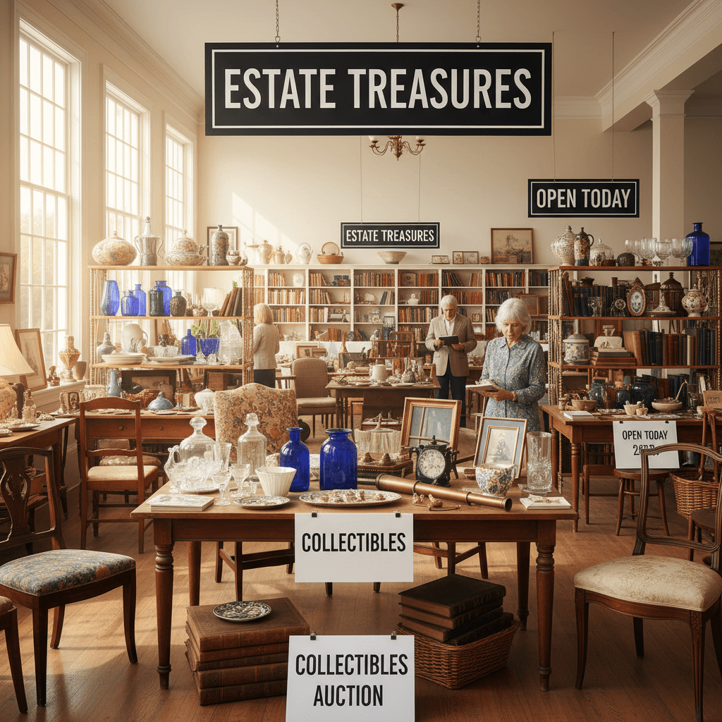 Estate sale displaying multiple auction items