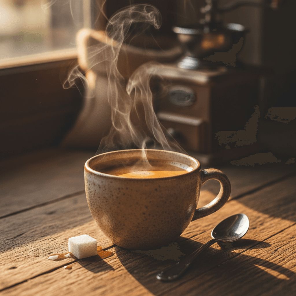 Extreme close-up of steaming espresso cup on wooden café counter with visible steam and porcelain details